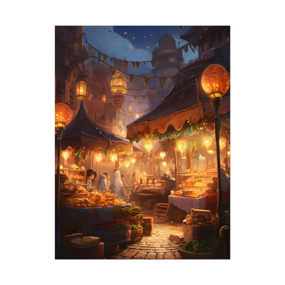 Magical Street Food Market: A Colorful Nighttime Scene - Poster