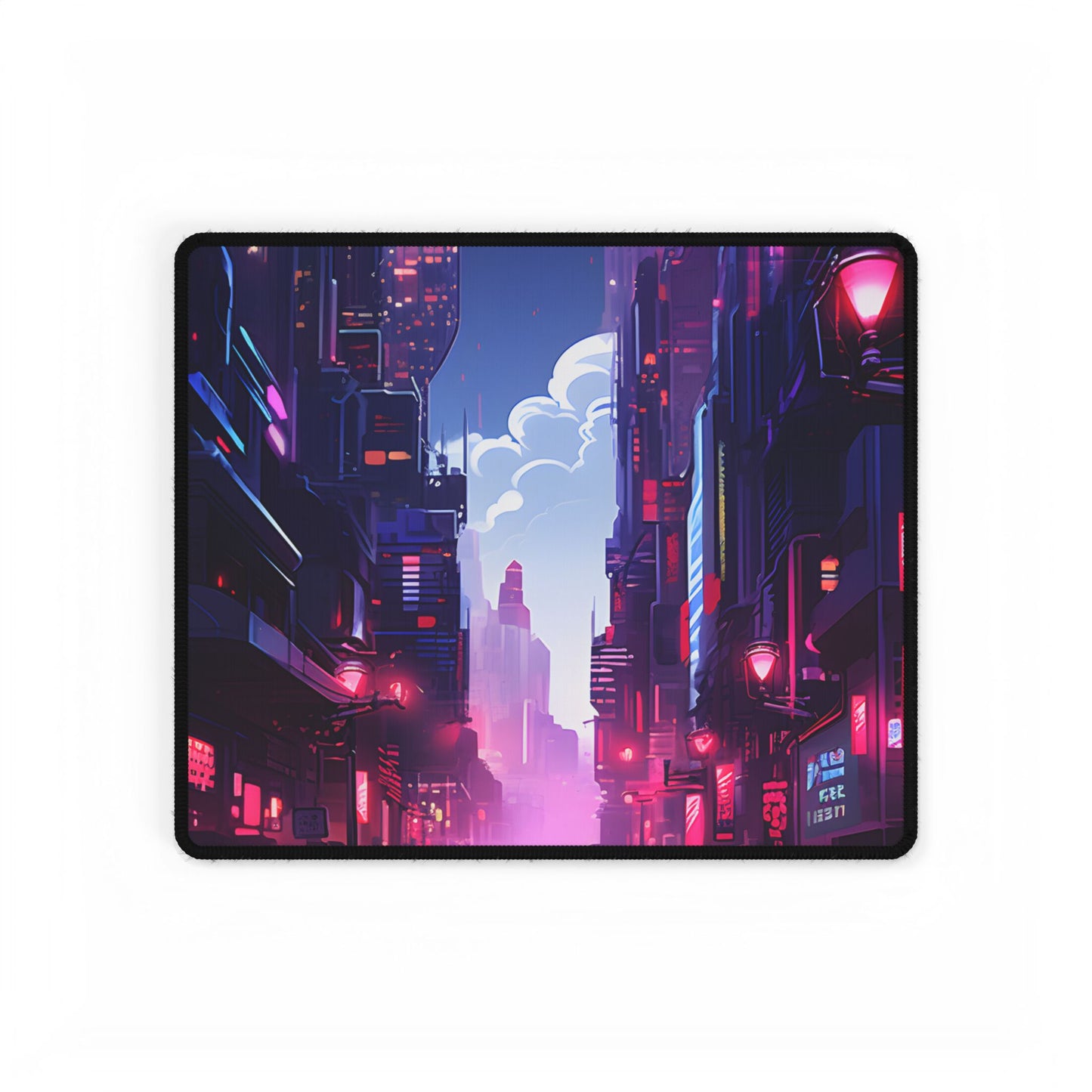 Cyberpunk Night: Moody Cityscape with Neon Signs - Desk Mat