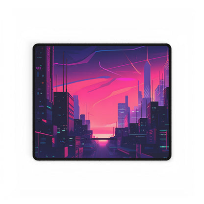 Melancholic Cyberpunk Cityscape: Neon Night Digital Art - Desk Mat