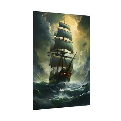 Green Realism: Majestic Ship Oil Painting - Poster