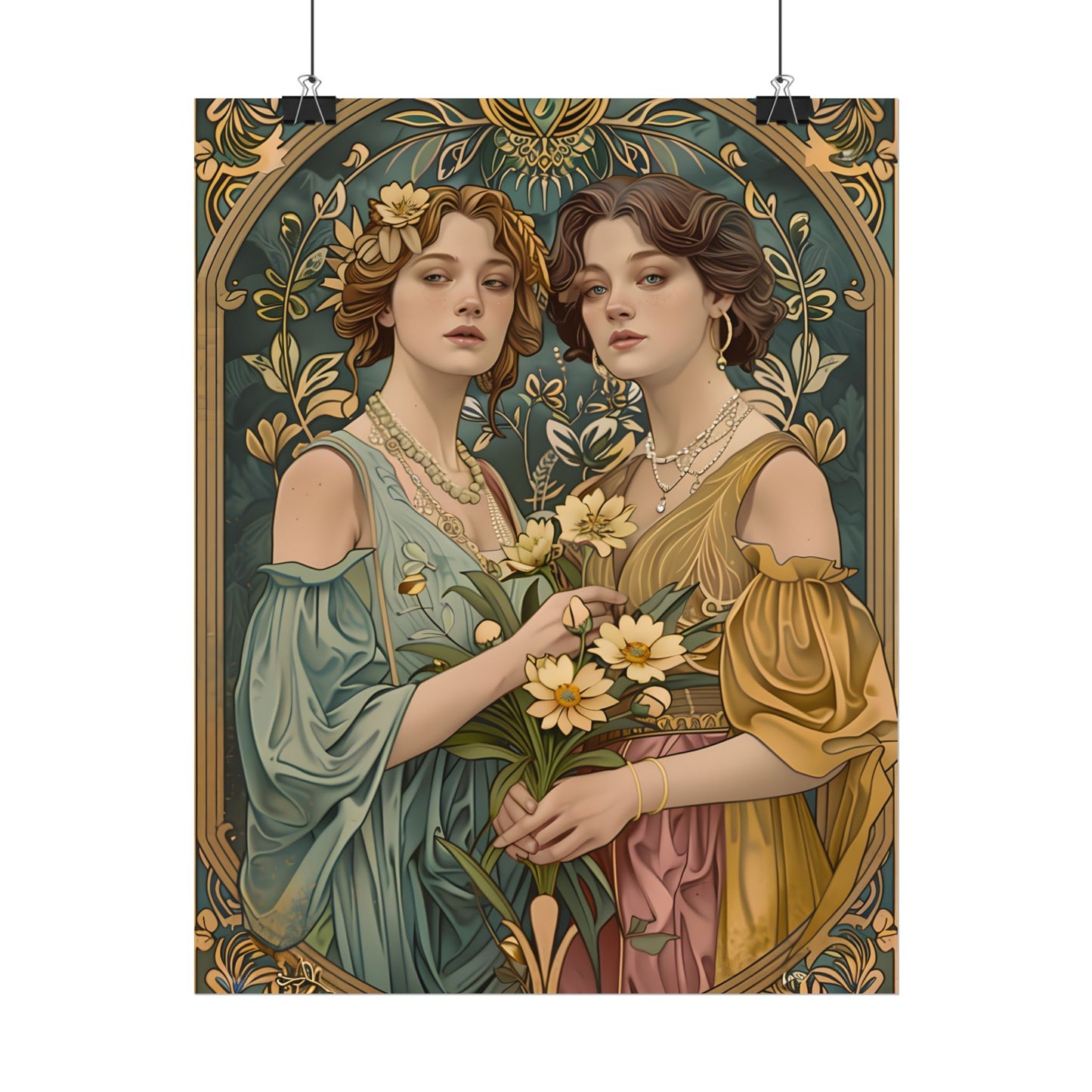 Two Women in Ornate Attire Holding Primr: Traditional Turkish Artwork - Poster