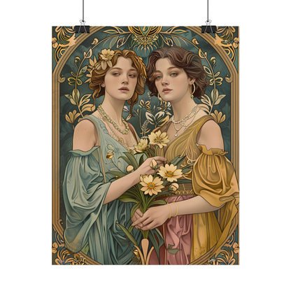 Two Women in Ornate Attire Holding Primr: Traditional Turkish Artwork - Poster