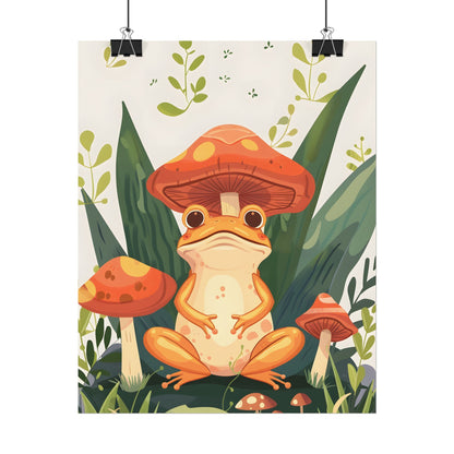 Retro Whimsy: Frog & Mushrooms in Close-Up Charm - Poster