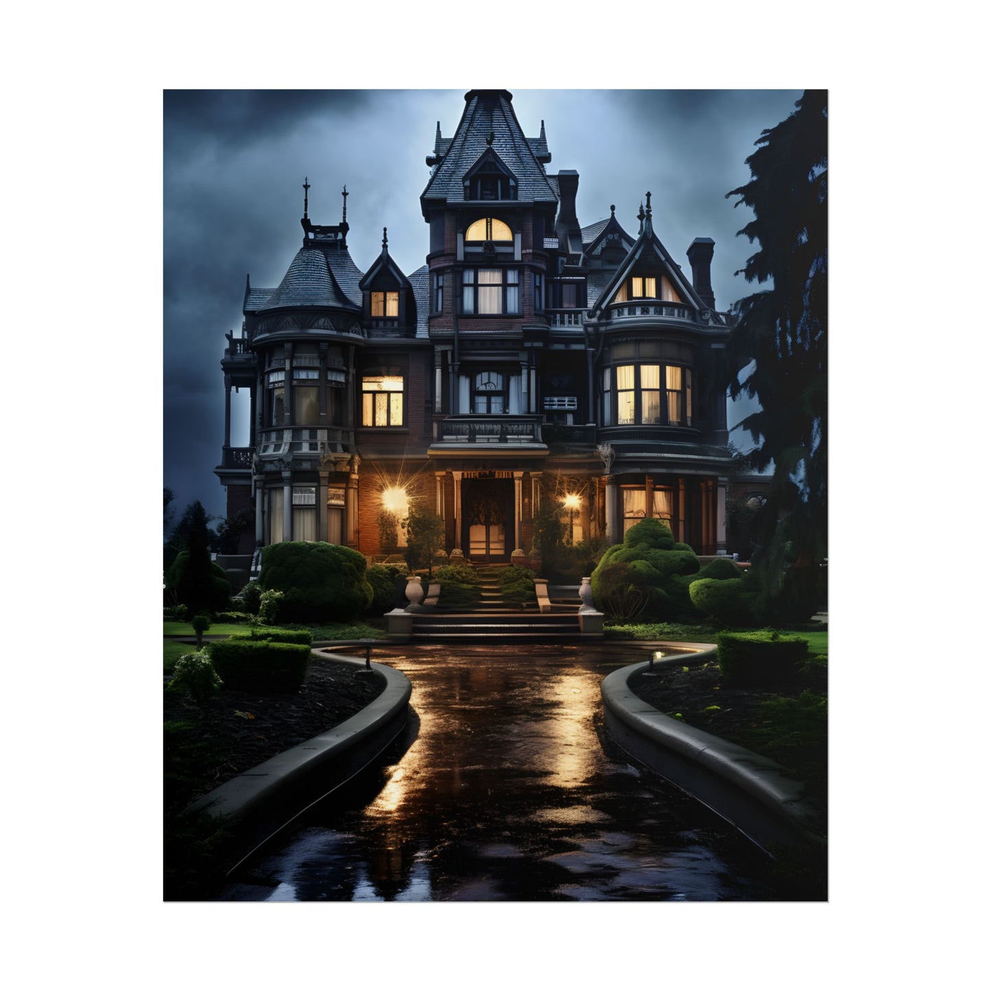 Haunted Victorian Mansion: Spooky Stormy Night Art - Poster