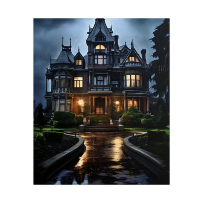 Haunted Victorian Mansion: Spooky Stormy Night Art - Poster
