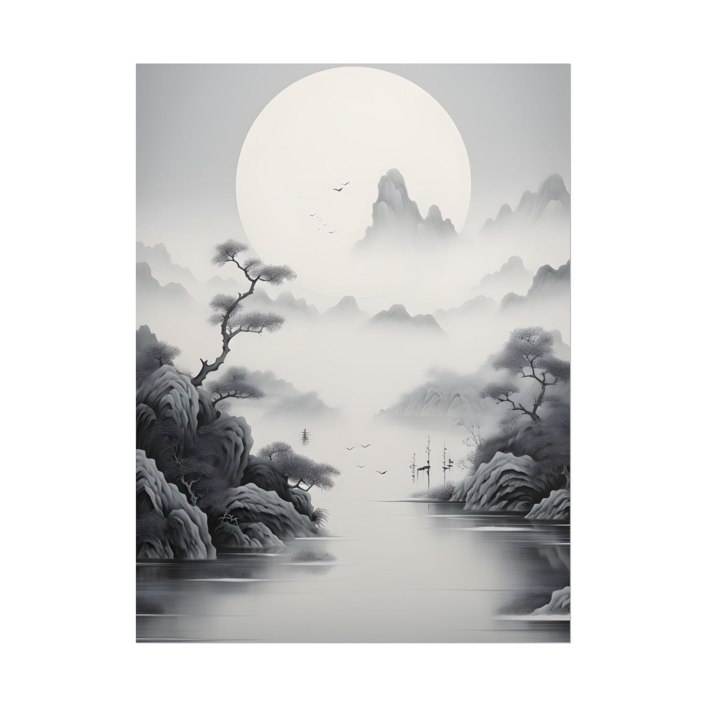 Chinese Ink Mirror Landscape: Serene Artwork - Poster