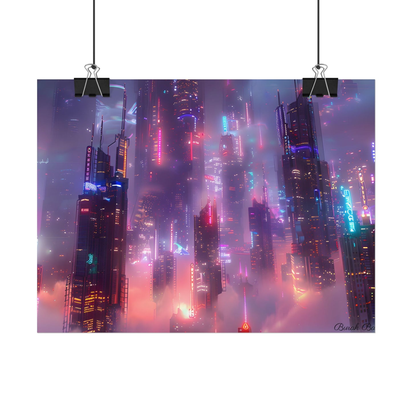 Neon Futuristic Cityscape: Graphic Modern Art - Poster