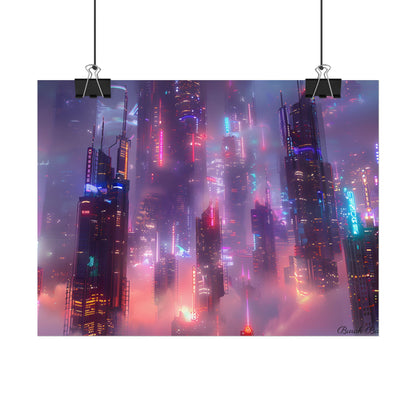 Neon Futuristic Cityscape: Graphic Modern Art - Poster