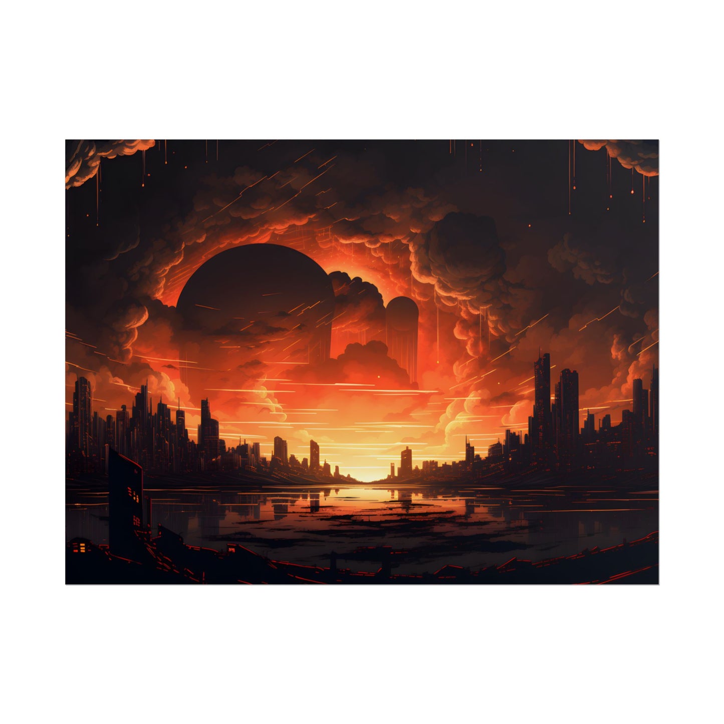 Futuristic Cyberpunk Night: Burning Cityscape Landscape Art - Poster