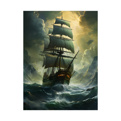 Green Realism: Majestic Ship Oil Painting - Poster