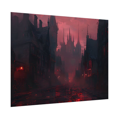 Dark Gothic Cityscape: A Serene Misty Dusk Scene - Poster