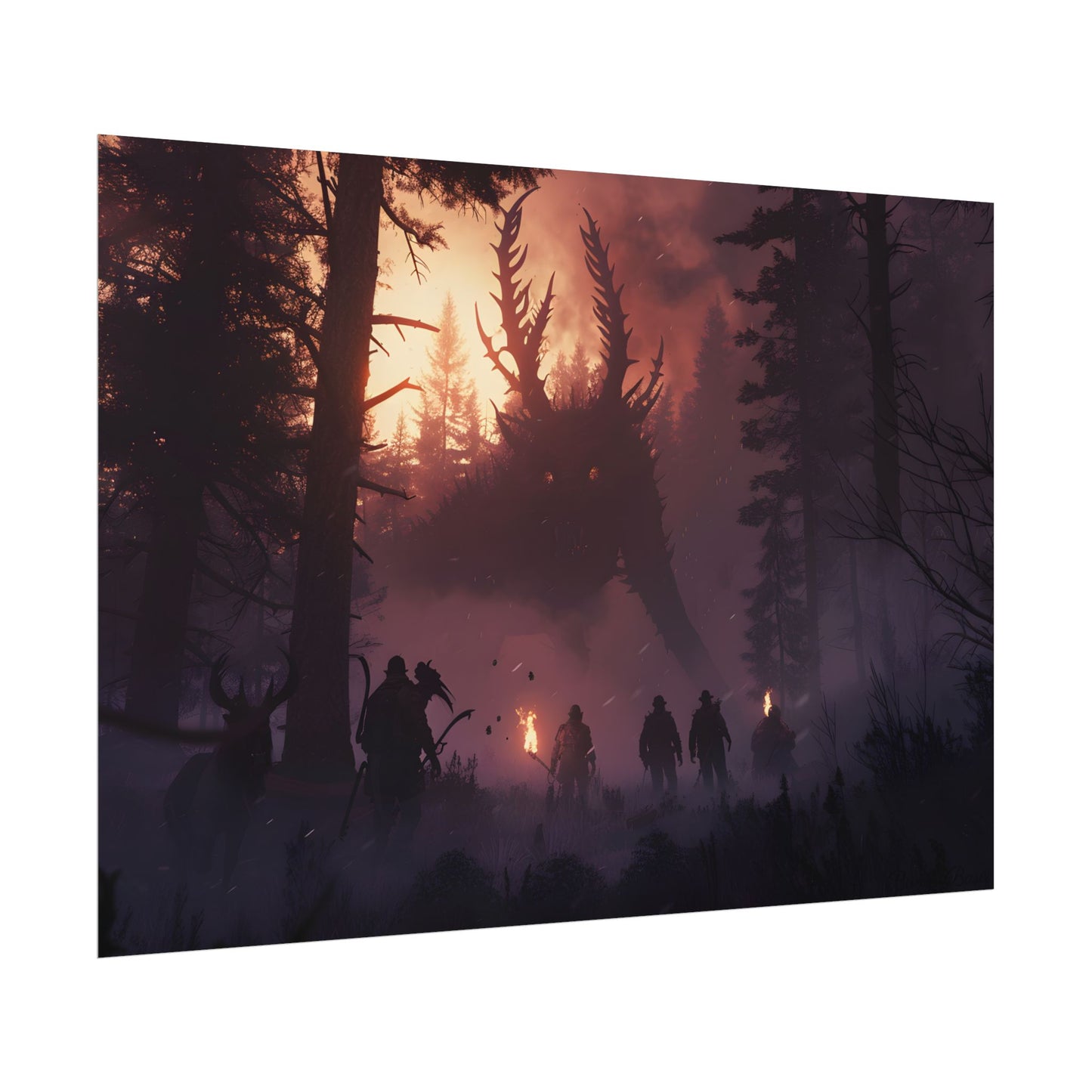 Serene Forest Sunset: Group Walking Through Misty Landscape - Poster