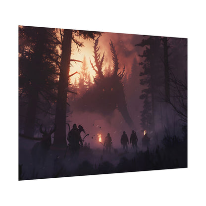 Serene Forest Sunset: Group Walking Through Misty Landscape - Poster