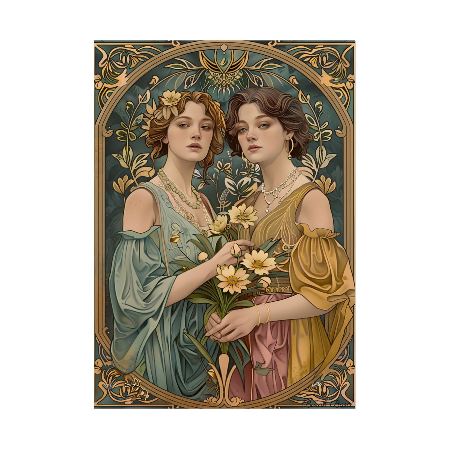 Two Women in Ornate Attire Holding Primr: Traditional Turkish Artwork - Poster