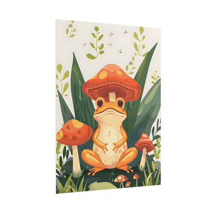 Retro Whimsy: Frog & Mushrooms in Close-Up Charm - Poster