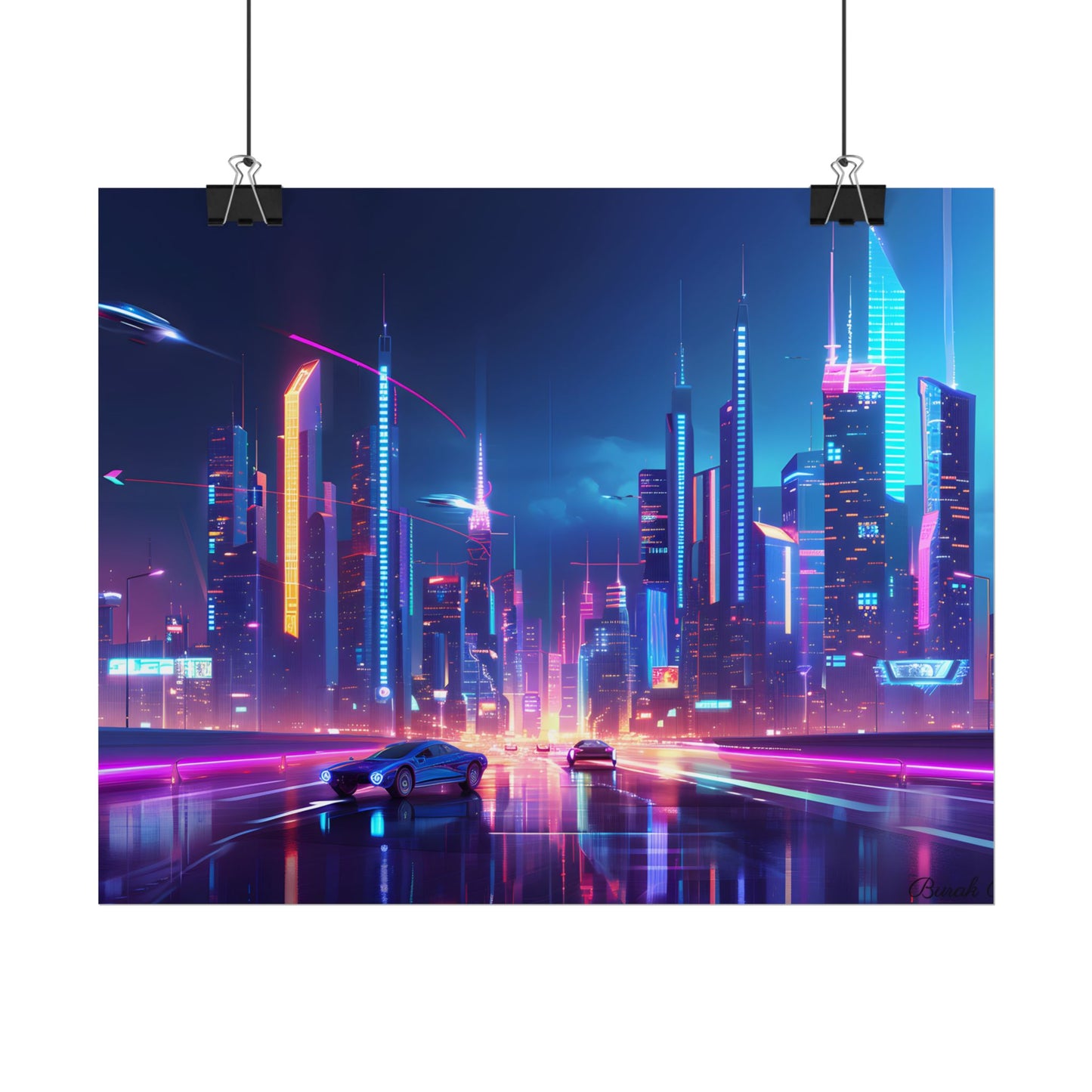 Futuristic City Glow: Neon Lights Digital Art - Poster
