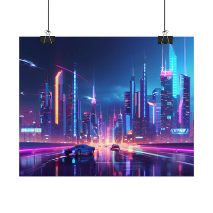 Futuristic City Glow: Neon Lights Digital Art - Poster