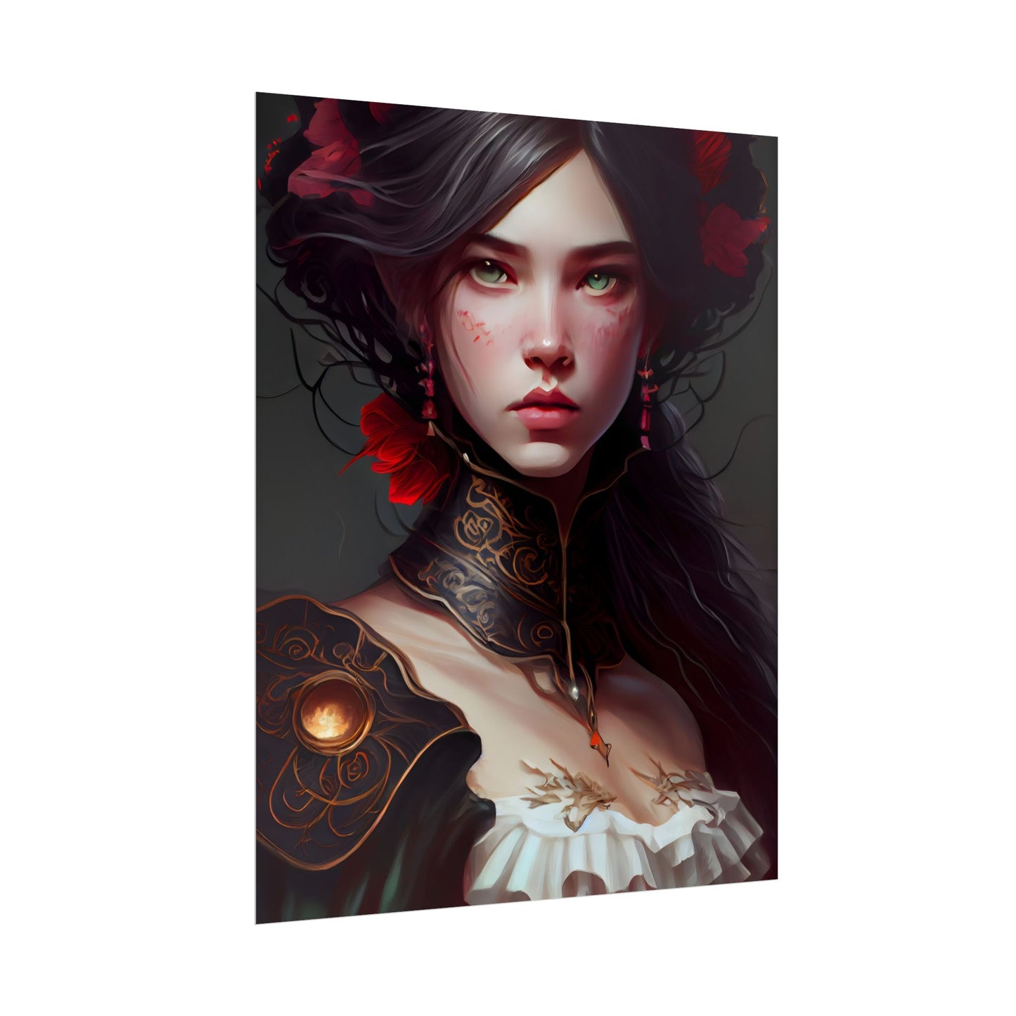 Elegant Black Hair Portrait in White Dress - Poster