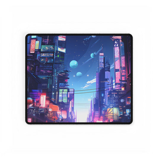 Melancholic Night in Cyberpunk City: Urban Landscape Art - Desk Mat
