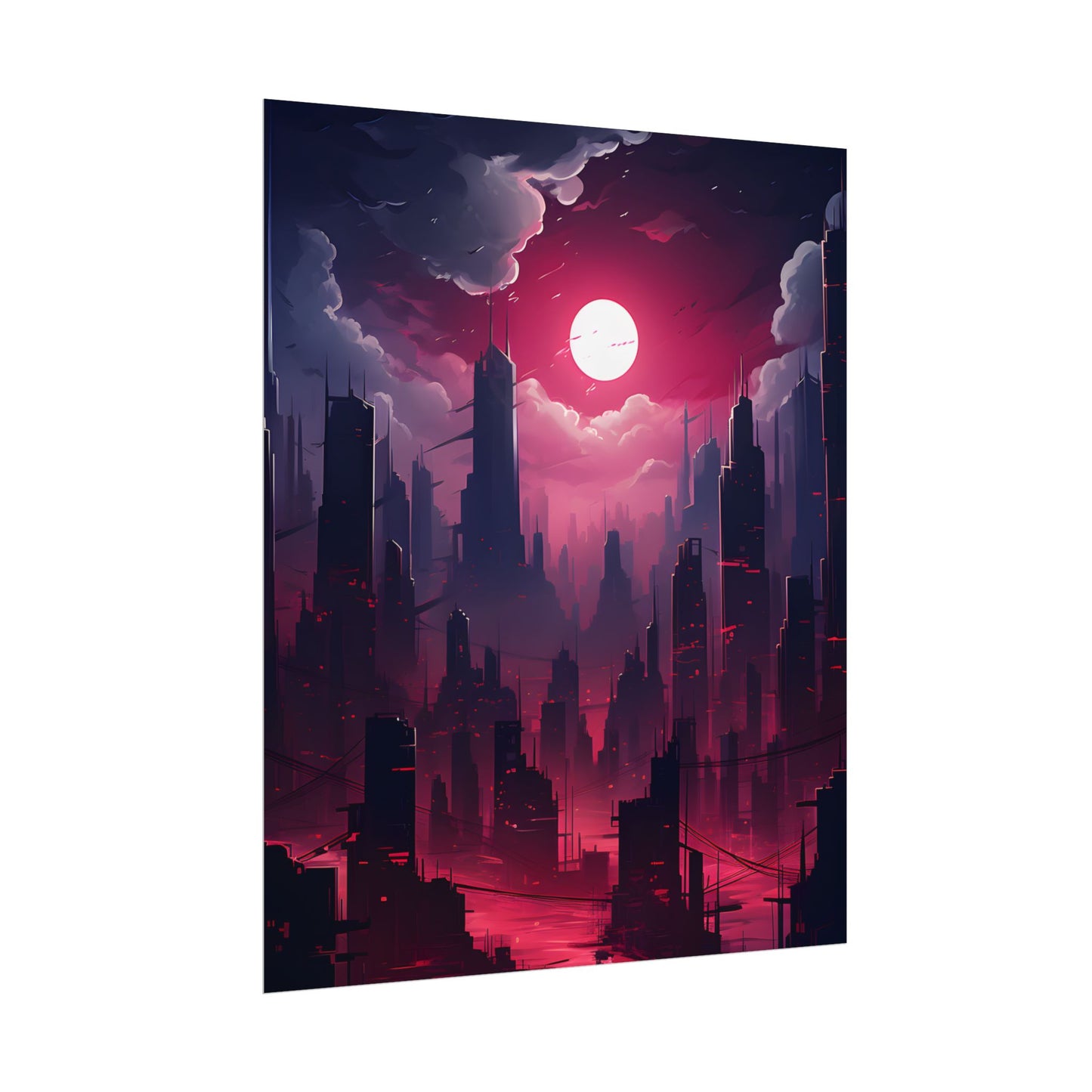 Burning Cyberpunk Cityscape: Digital Artwork at Night - Poster