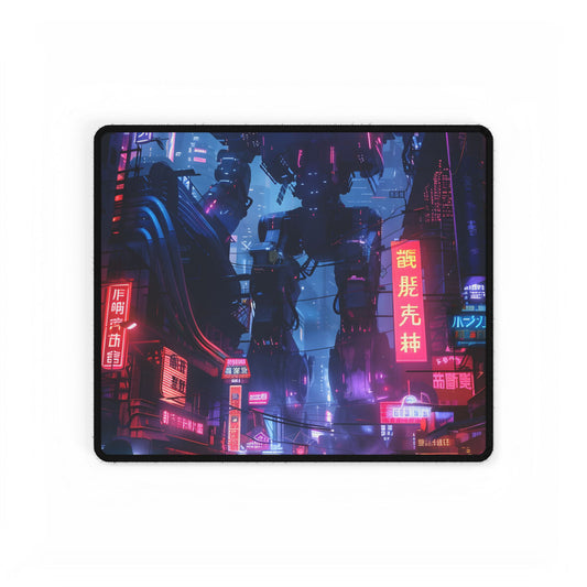 Futuristic Cityscape: Neon Lights Digital Artwork - Desk Mat