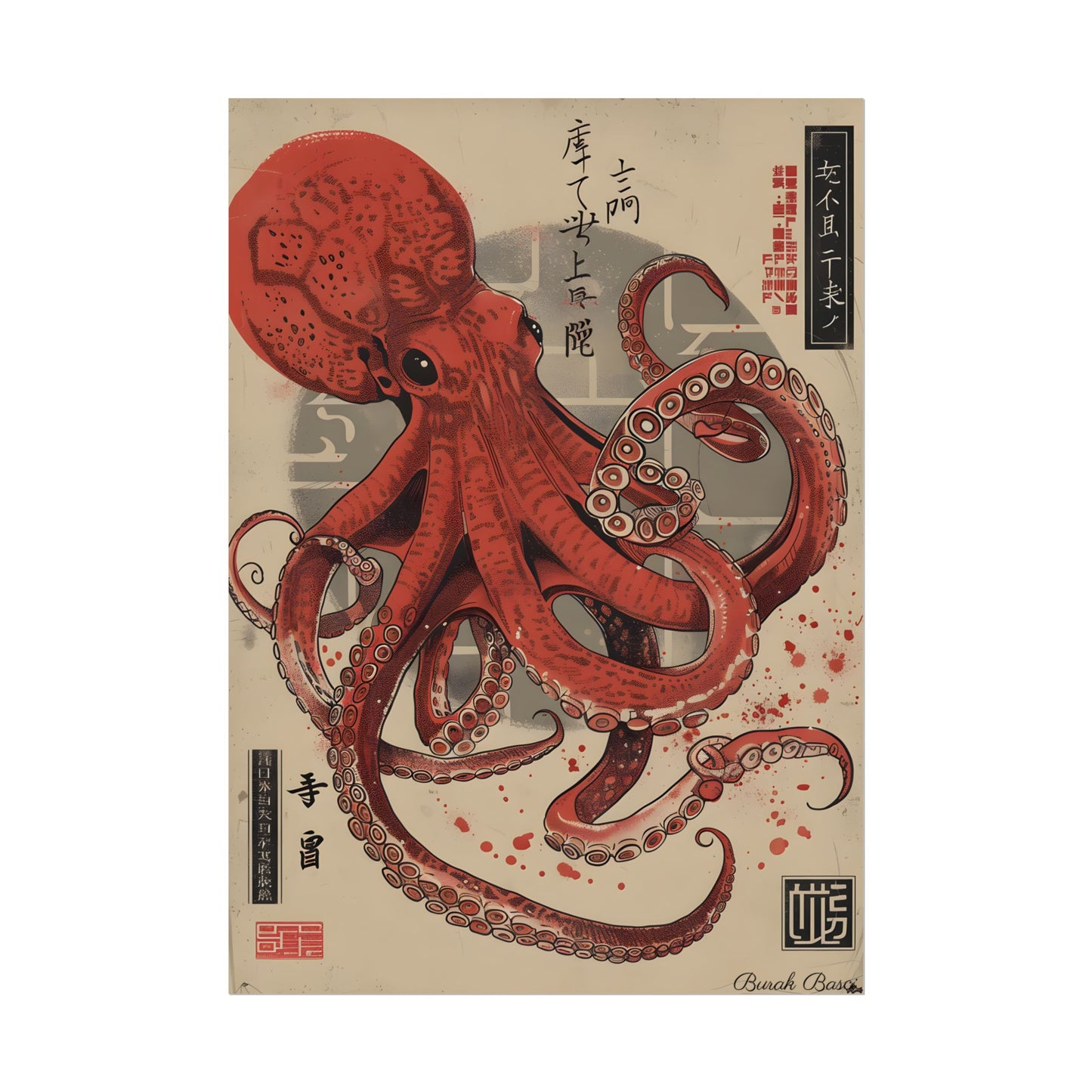 Stylized Japanese Octopus: Muted Watercolor Artwork - Poster