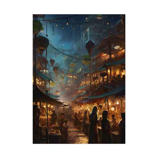 Enchanting Night Street Food Market: Colorful Artwork - Poster