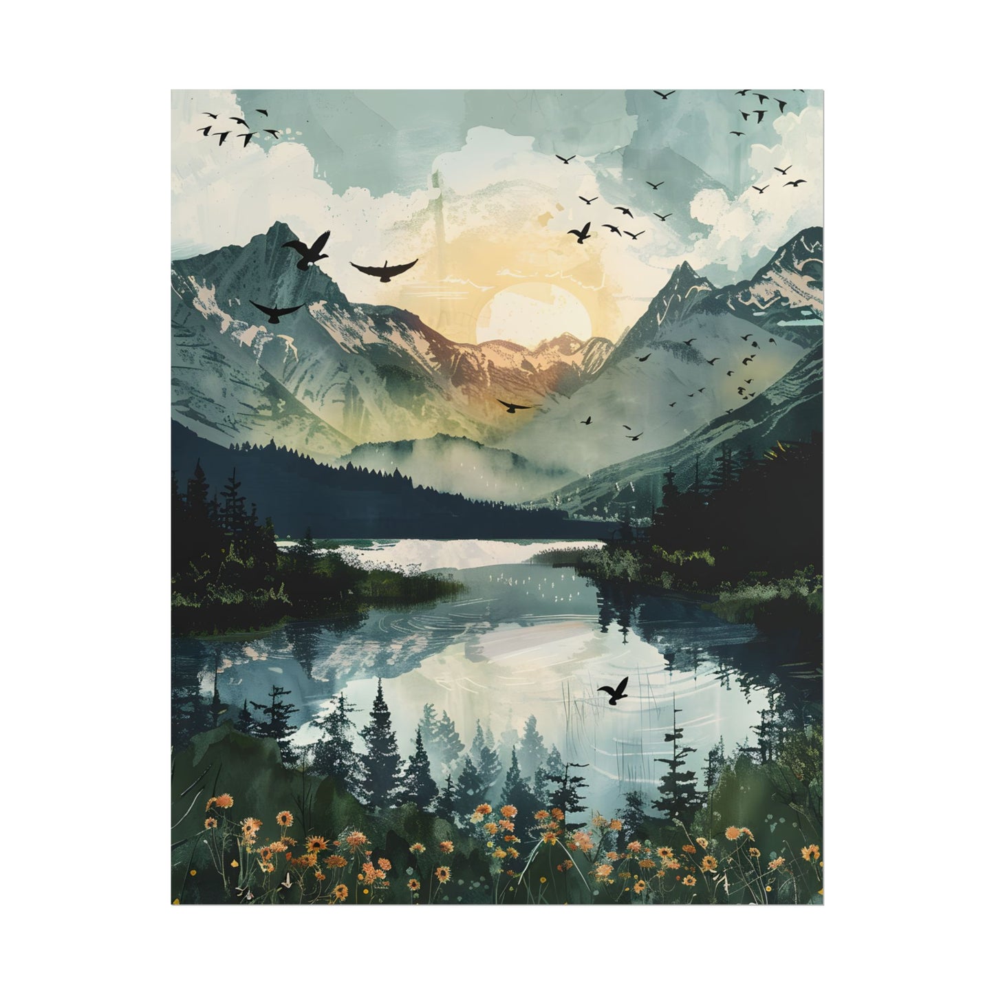 Serene Mountain Lake: Birds in Flight - Natural Art - Poster