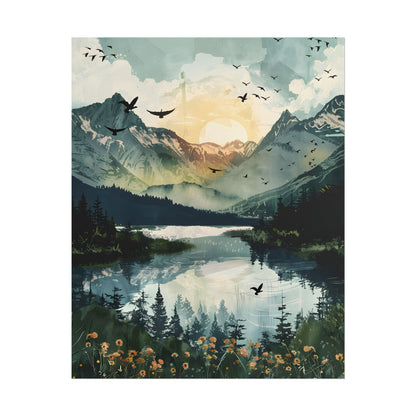 Serene Mountain Lake: Birds in Flight - Natural Art - Poster
