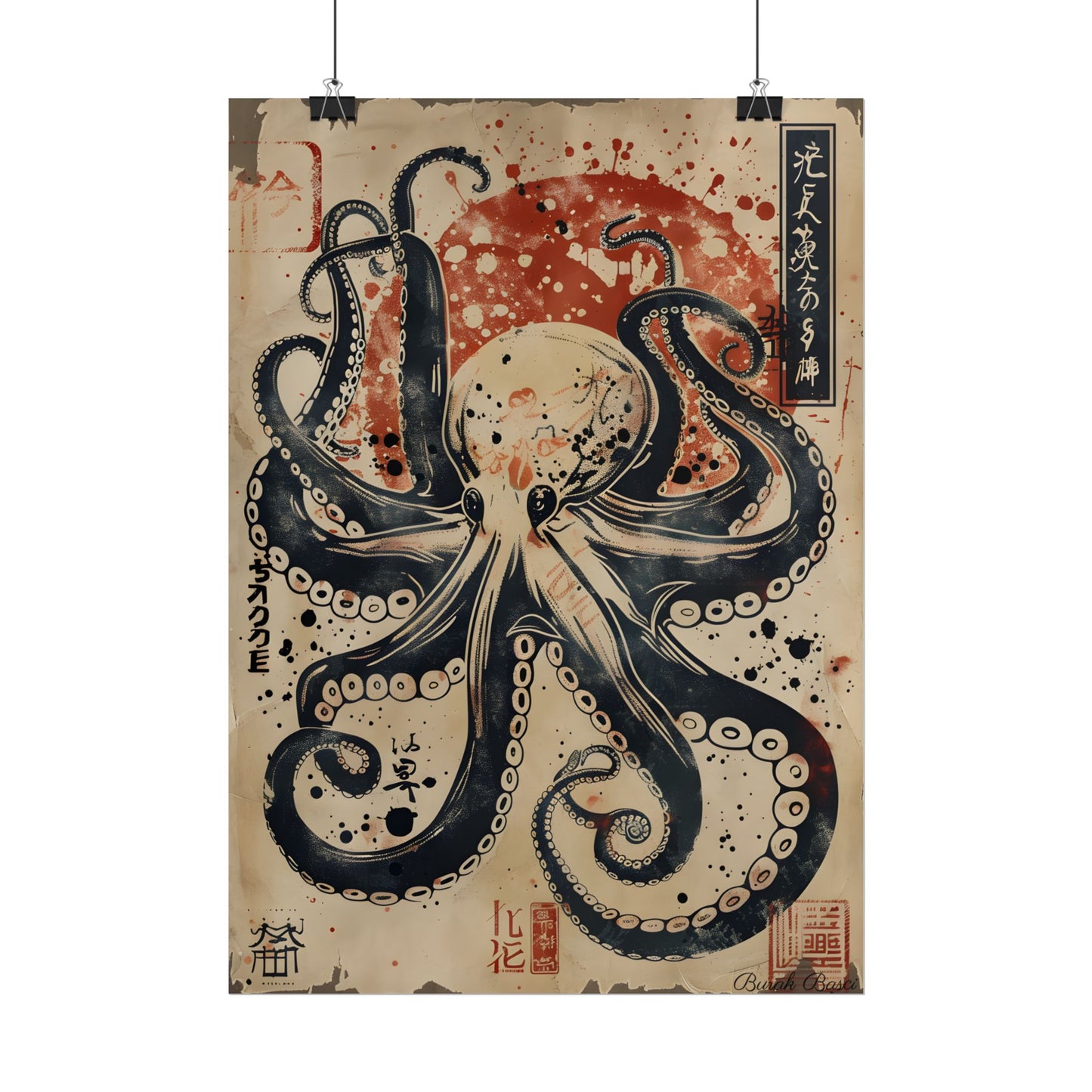 Stylized Octopus: Vibrant Japanese Ukiyo-E Artwork - Poster
