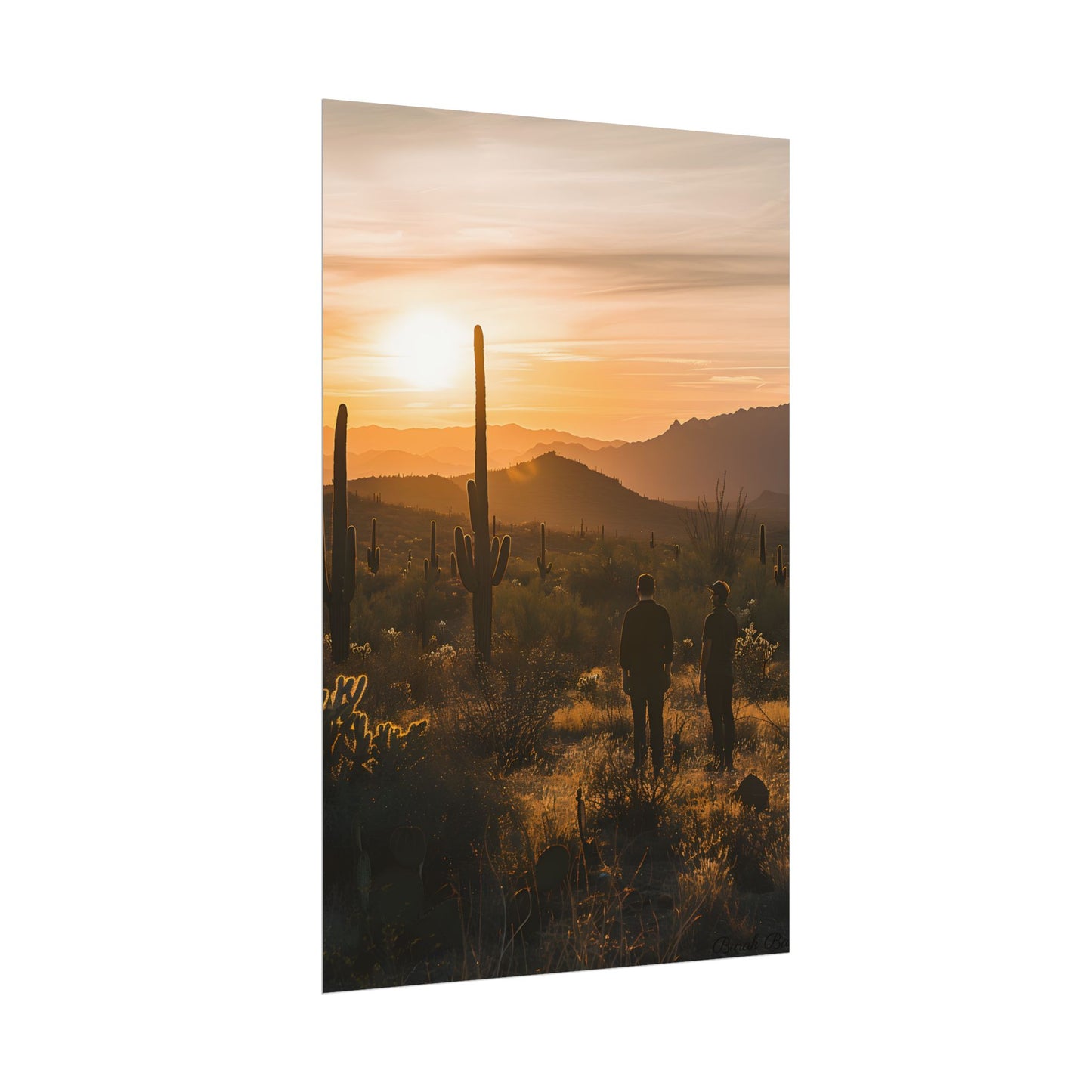 Desert Sunset Serenity: Two Friends Standing Together - Poster