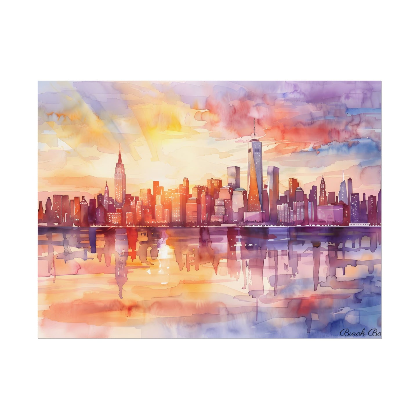 Watercolor Sunset New York City Skyline: Beautiful Artwork - Poster