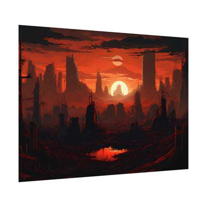 Cyberpunk Nighttime Cityscape: Burning City Digital Art - Poster
