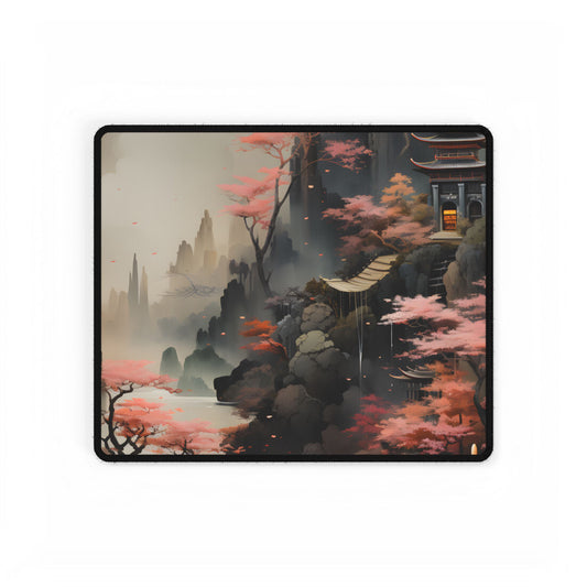 Vibrant Landscape in Moss Green: Ash Magenta Artwork - Desk Mat