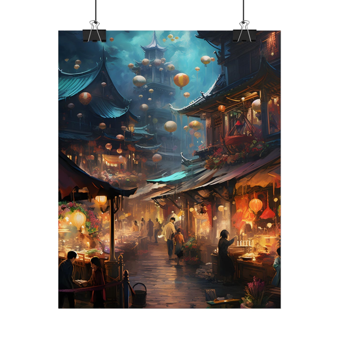 Enchanted Street Food Market: Vibrant Evening Artwork - Poster
