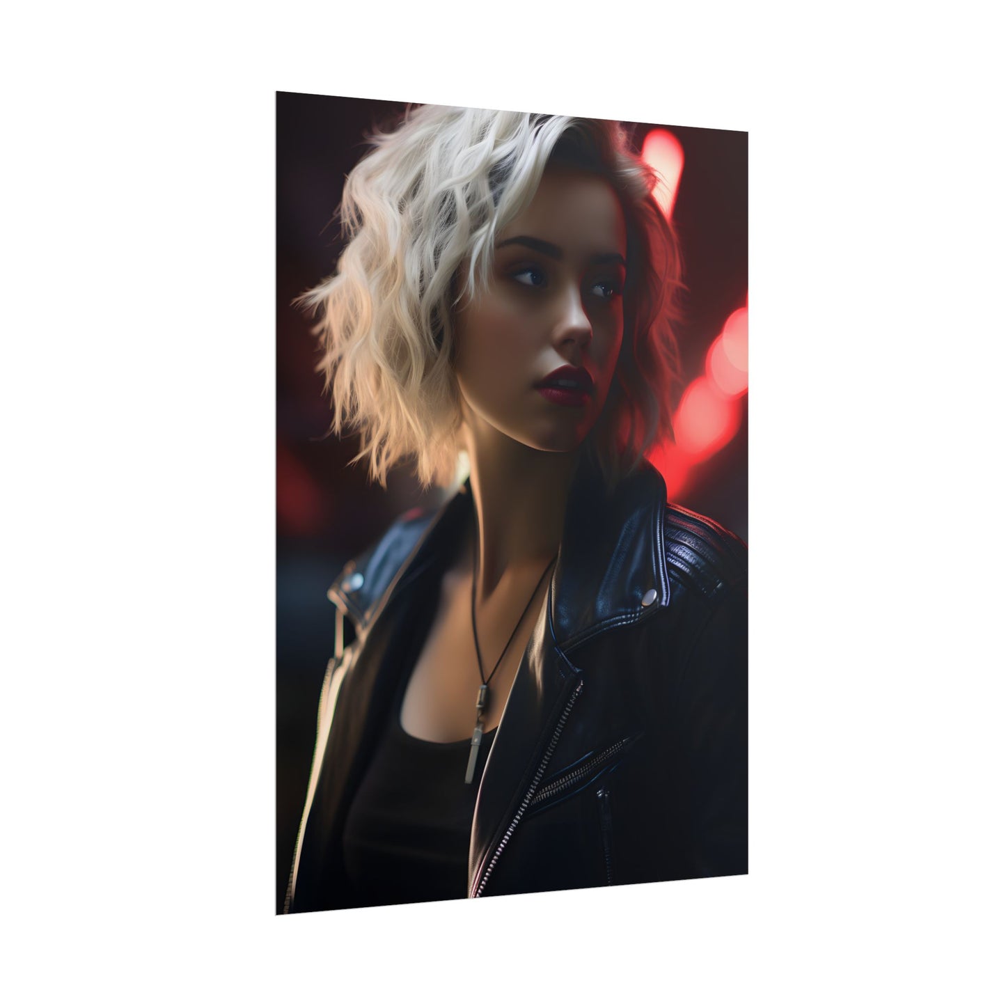 Cyberpunk Blonde: Closeup Portrait in Neon Hues - Poster