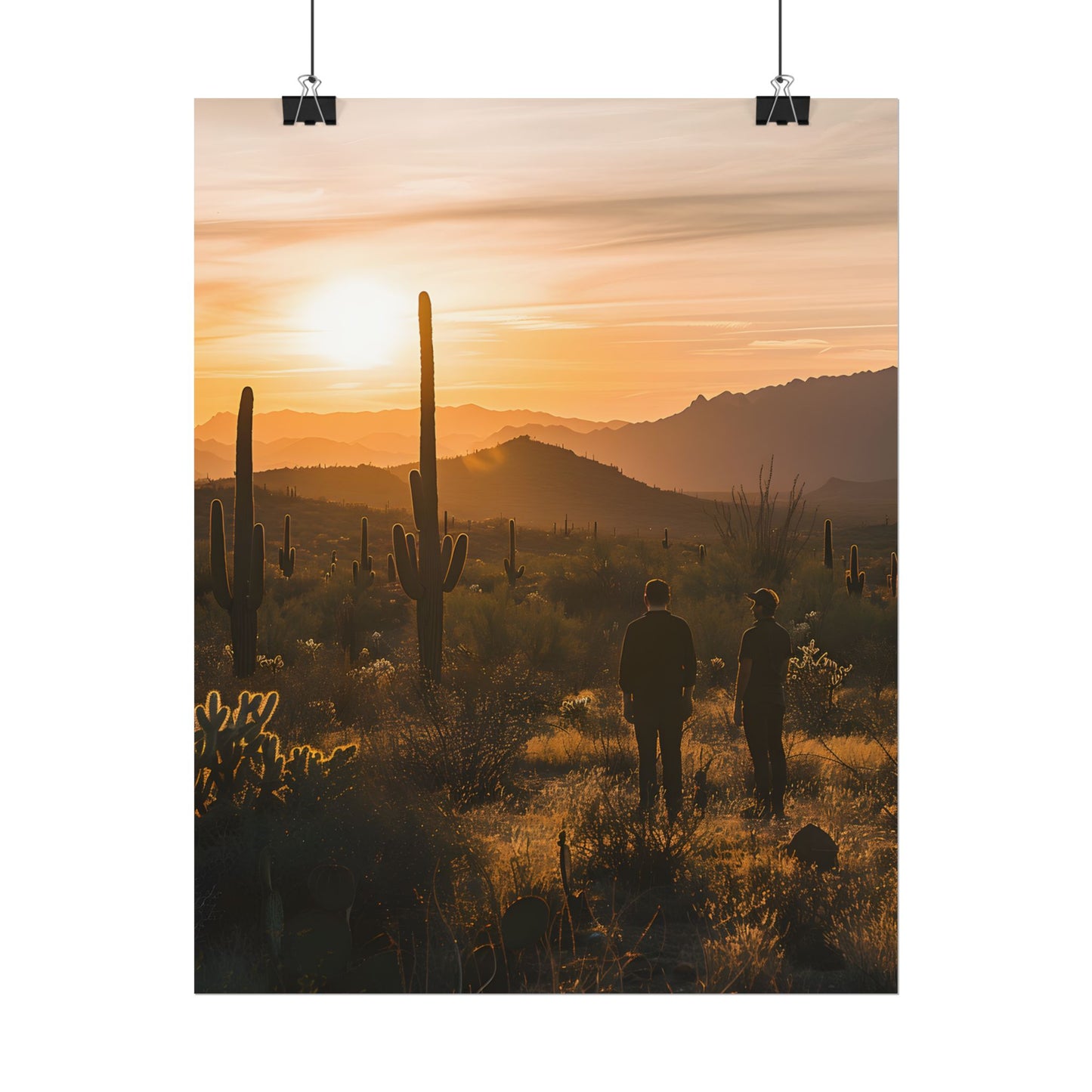 Desert Sunset Serenity: Two Friends Standing Together - Poster