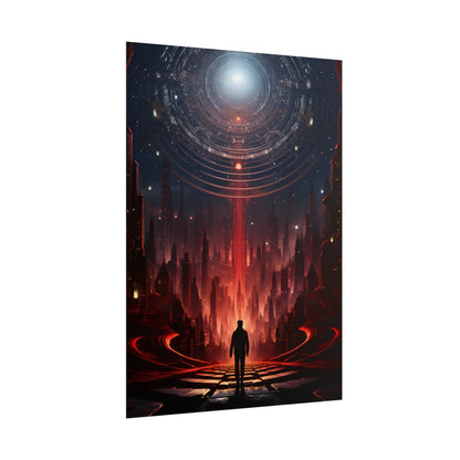 Futuristic Cityscape: Neon Sky Meets Nature's Harmony - Poster