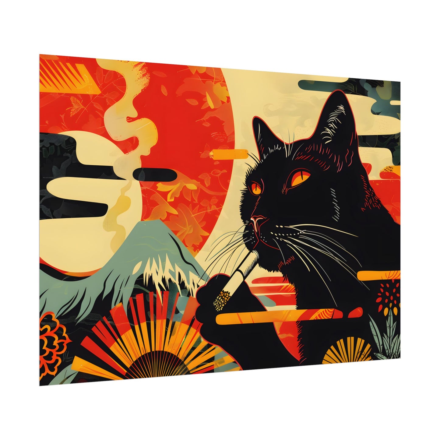 Whimsical Cat Smoking: Red & White Stripe Artwork - Poster