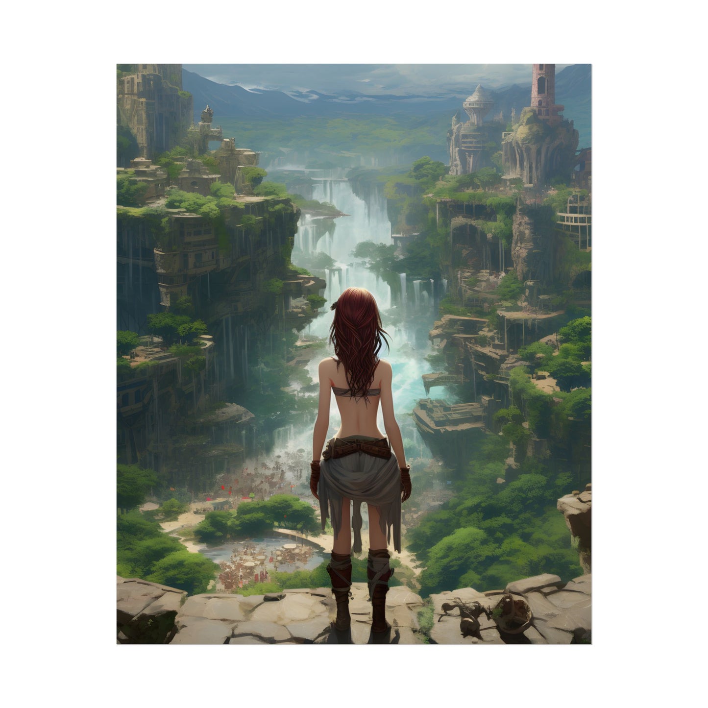 Dramatic Birds Eye View: Red Haired Anime Girl in Urban Landscape - Poster