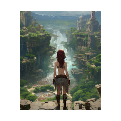 Dramatic Birds Eye View: Red Haired Anime Girl in Urban Landscape - Poster