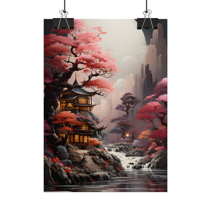 Landscape Masterpiece in Ash Magenta and Moss Green: Serene Nature Artwork - Poster