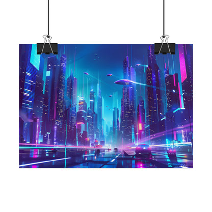 Futuristic Neon City: Towering Skyscrapers in a Vibrant Nighttime Sky - Poster
