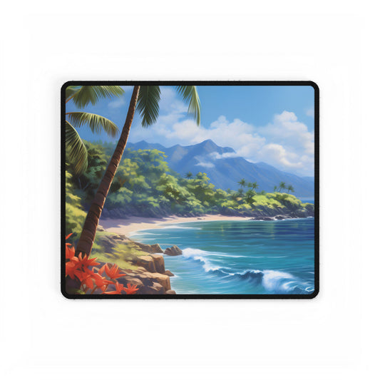 Tropical Paradise: Serene Island Oasis in Tranquil Blue Skies - Desk Mat