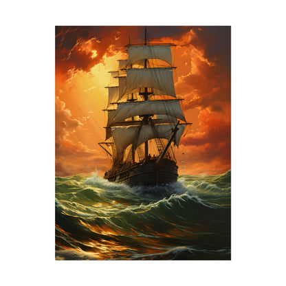Nature's Serenity: Realistic Oil Painting of a Green Ship - Poster