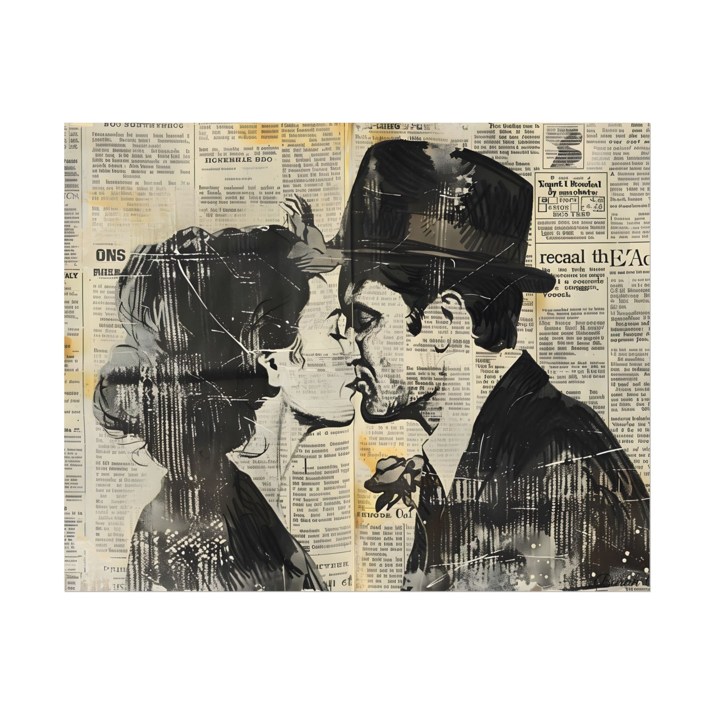 Vintage Romance Couples: Newsprint Artwork - Intimate Moments - Poster