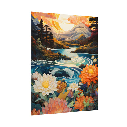 Peaceful River Landscape: Flowers Blooming - Poster