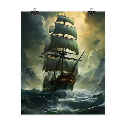 Green Realism: Majestic Ship Oil Painting - Poster