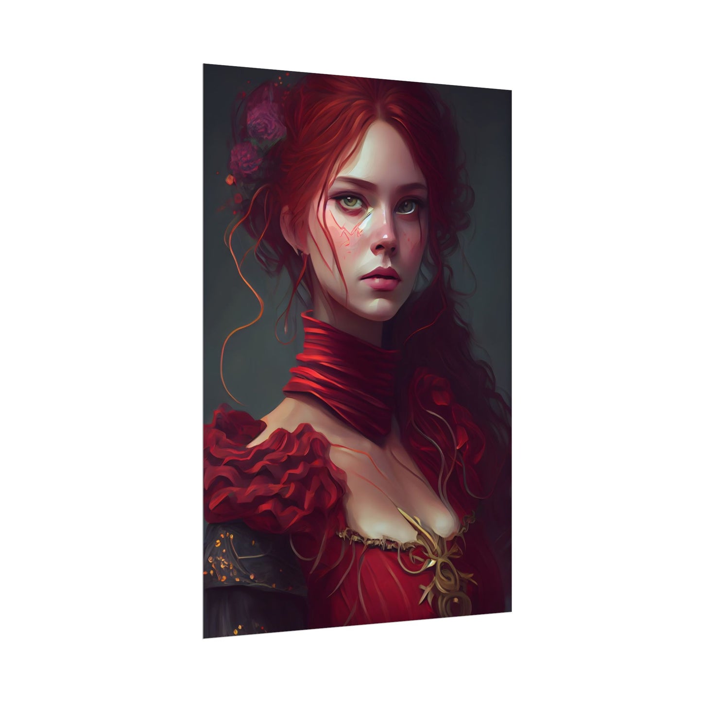 Vibrant Redhead Portrait: Female Artwork in Red Dress - Poster