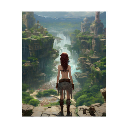 Dramatic Birds Eye View: Red Haired Anime Girl in Urban Landscape - Poster